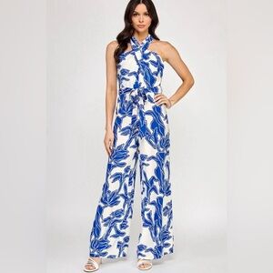 Blue & White Floral Halter Jumpsuit